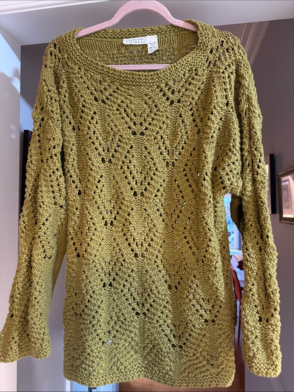 Express Olive Green Open-Knit Scoop Neck Sweater